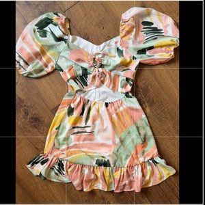 Ruffle flowy puff sleeve cutout dress